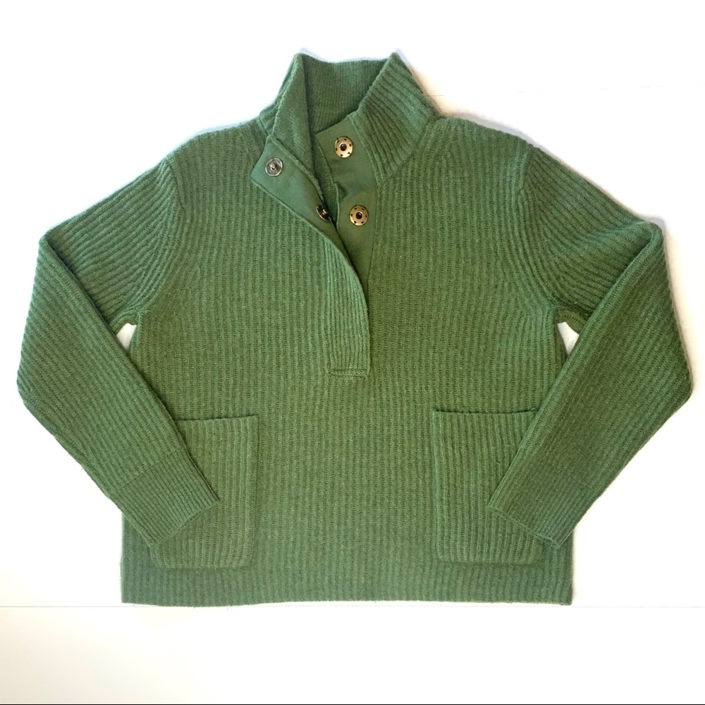 J Crew Green Ribbed Popover Lambs Wool Sweater